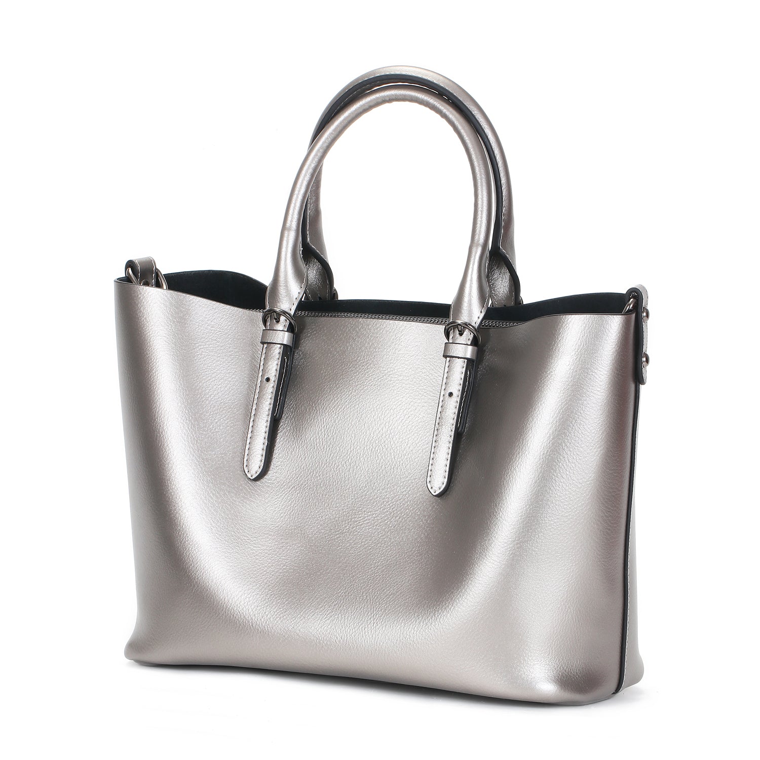 Leather Metallic Handbag, Silver